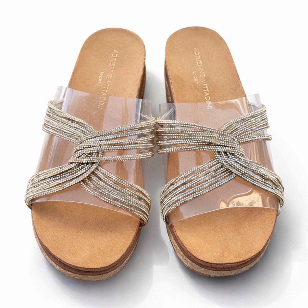 NWOT Proove Adrienne Vittadini Beaded Rhinestone Platform Slide Sandals Size 7.5